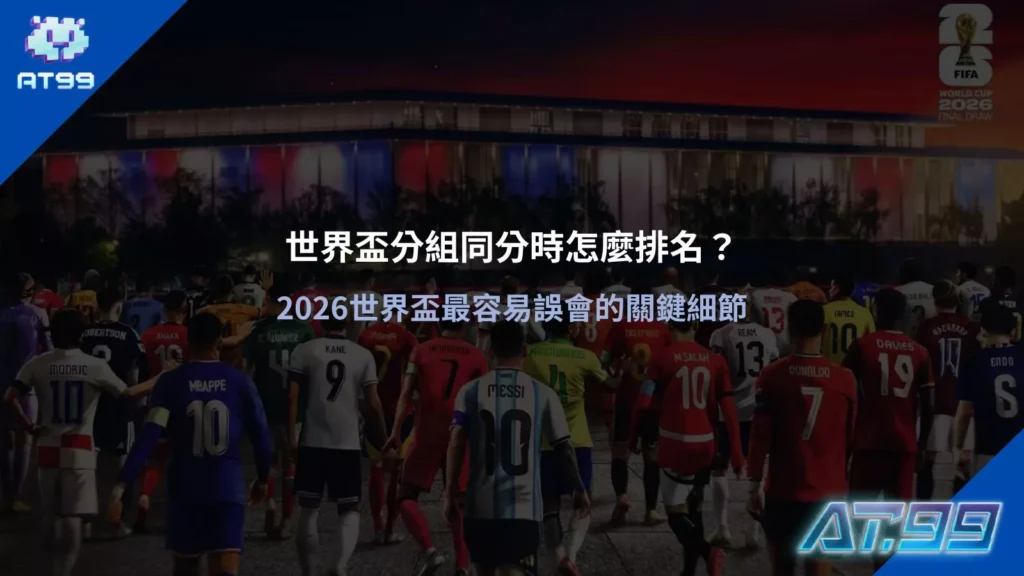 2026 世界盃分組賽同分排名規則解析,球星背影搭配世界盃主視覺,說明同分時的晉級判定方式